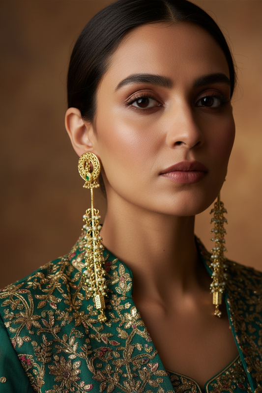 Woman wearing gold plated antique earrings with a brown background