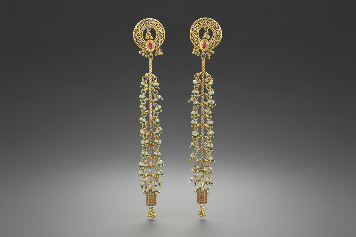 Pair of best seller antique gold plated earrings with red green gemstones on a gray background