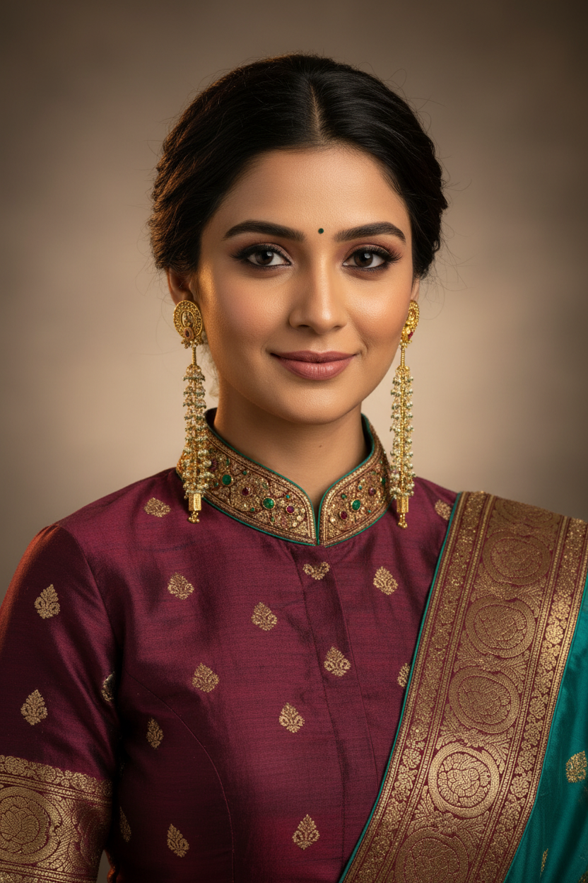 Woman wearing traditional pair of earrings against a brown background