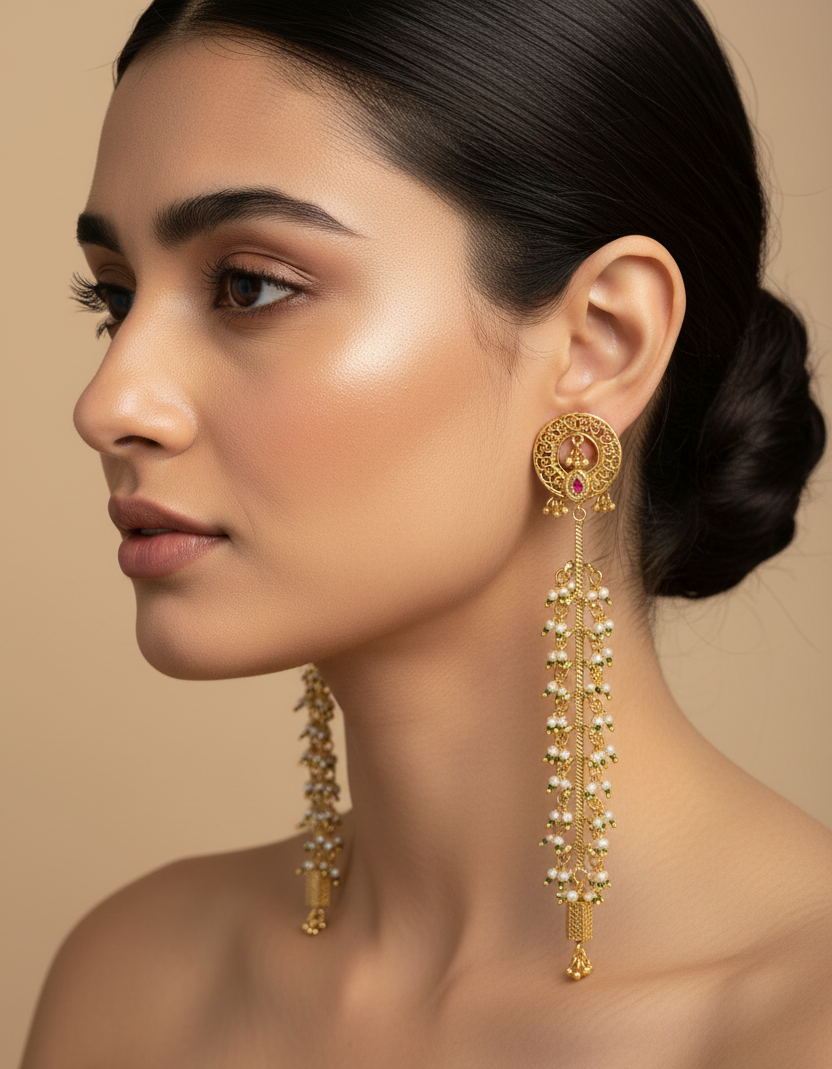 Woman wearing antique long kashmiri red stone gold plated earrings with a neutral background