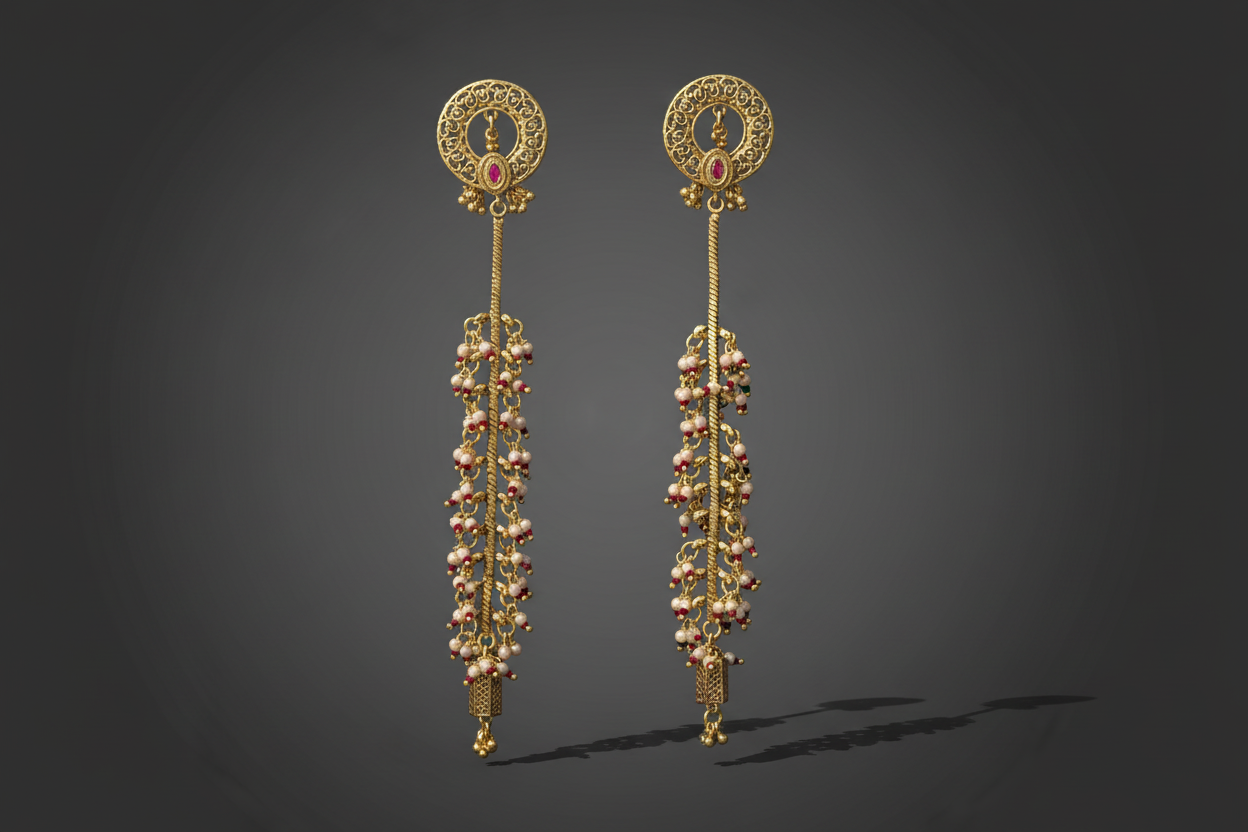 Pair of antique gold plated ruby red earrings with intricate designs on a dark background