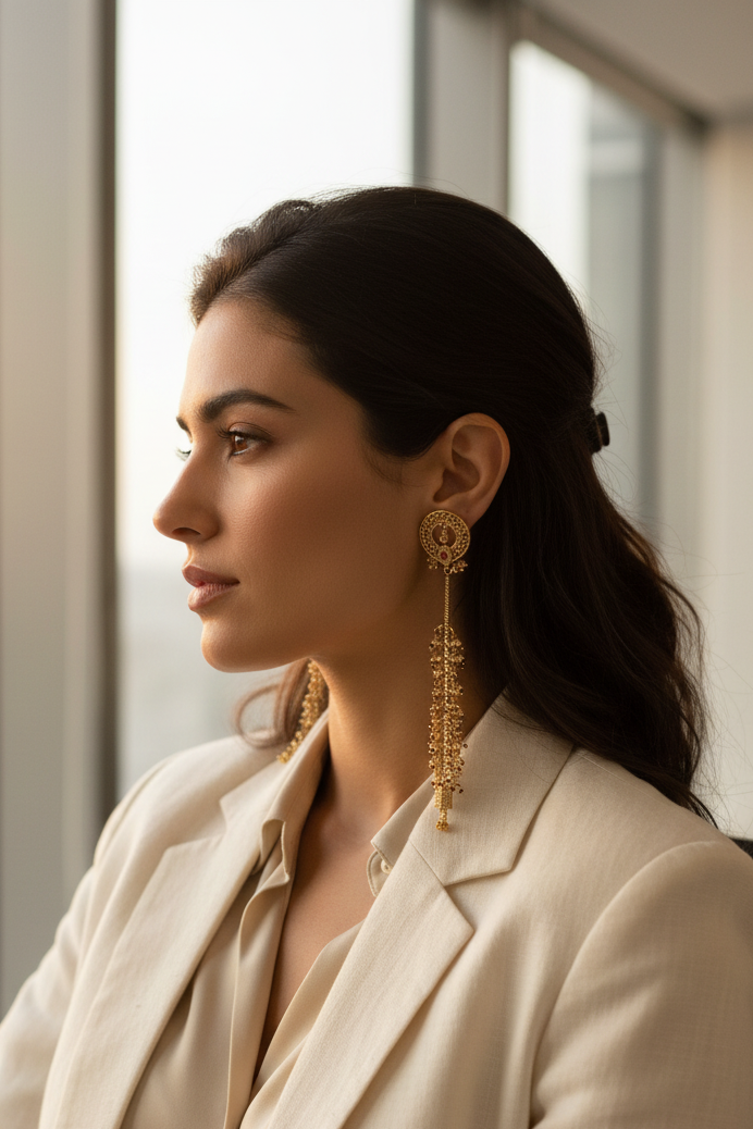 Woman wearing a beige blazer and gold earrings in an indoor setting.