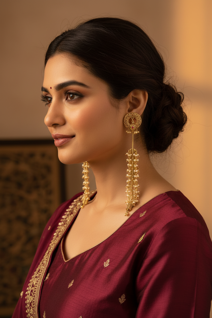 Woman wearing gold plated temple long earrings and a maroon stone earrings a blurred background