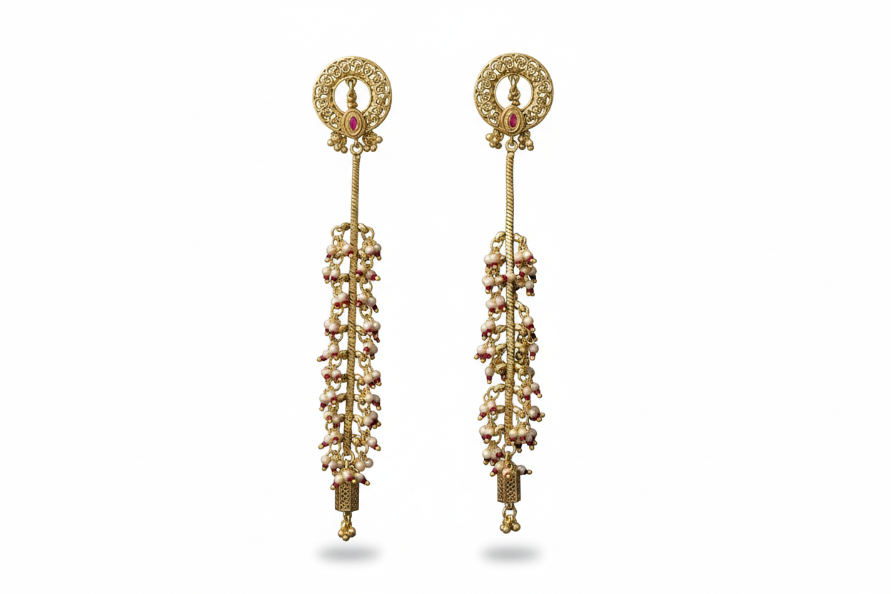 Antique Gold Moti Tassel Earrings Temple Filigree Drop