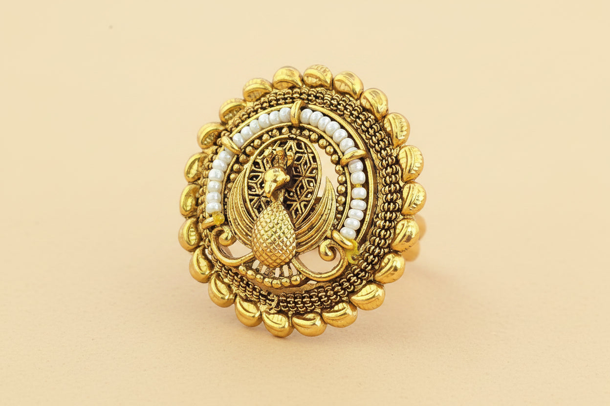 Antique Peacock Ring Adjustable Matte Gold Plated Statement Ring Indian Heritage