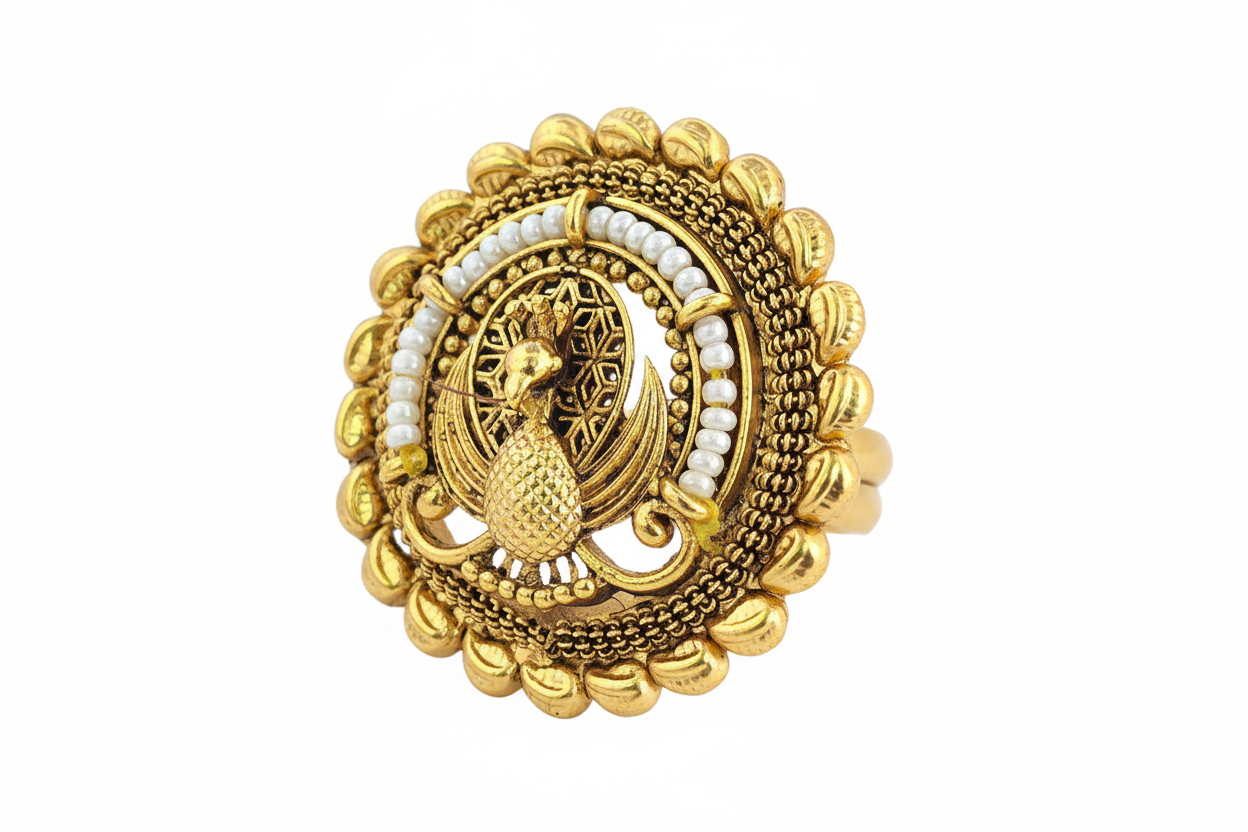 Antique Peacock Ring Adjustable Matte Gold Plated Statement Ring Indian Heritage