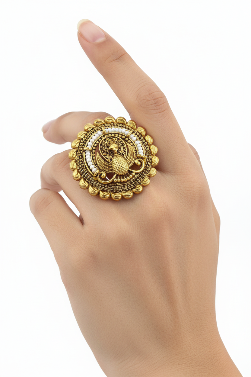 Antique Peacock Ring Adjustable Matte Gold Plated Statement Ring Indian Heritage