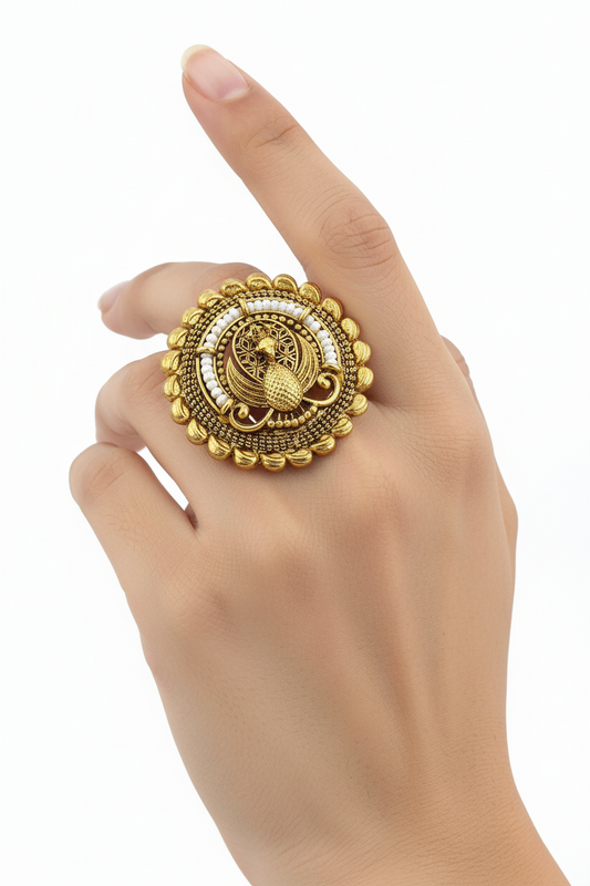 Antique Peacock Ring Adjustable Matte Gold Plated Statement Ring Indian Heritage