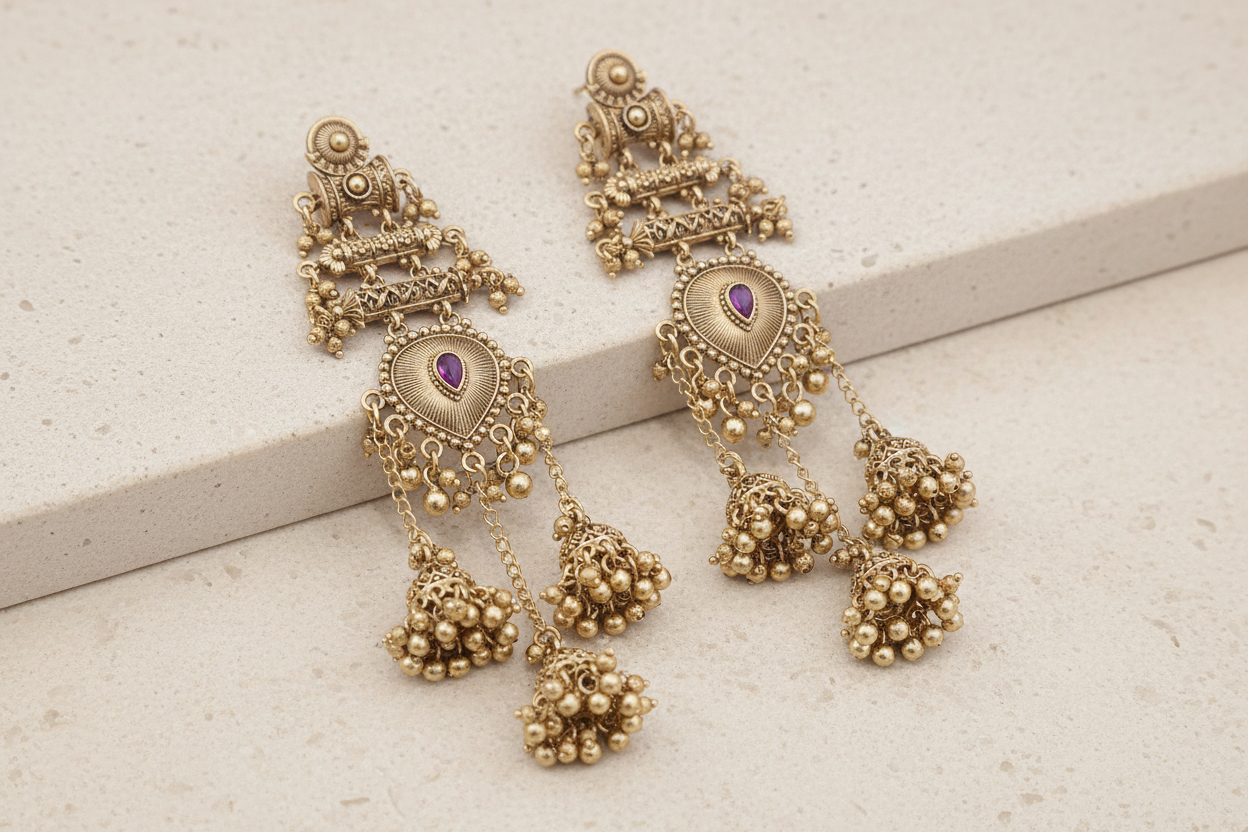 Ornate gold earrings with purple stones on a light background