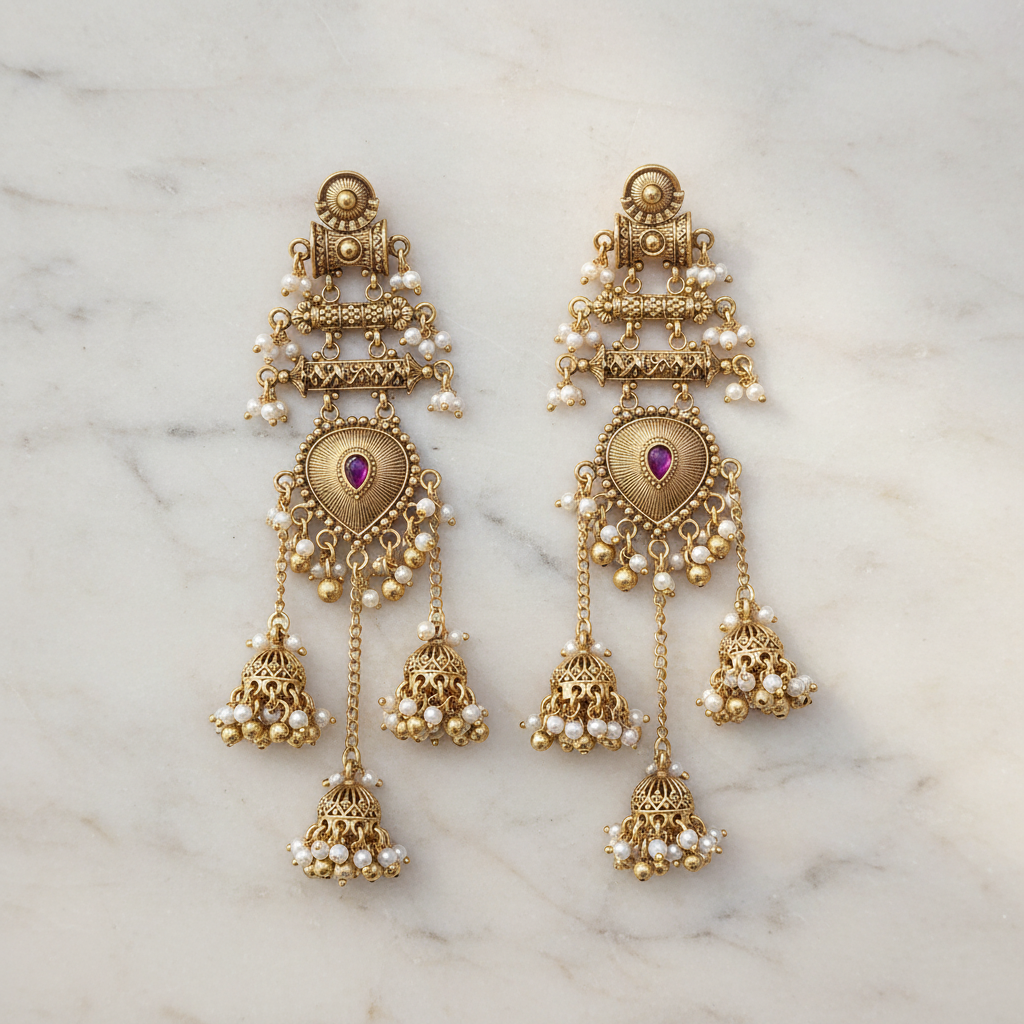 Pair of gold plated temple ruby red earrings with pearls and gemstones on a marble background