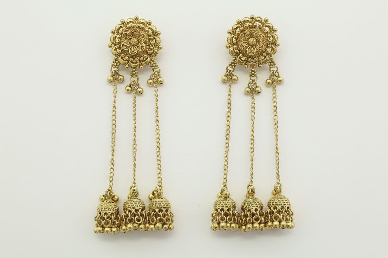 traditional Pair of antique gold plated earrings with intricate designs on a white background