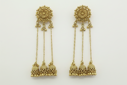 traditional Pair of antique gold plated earrings with intricate designs on a white background