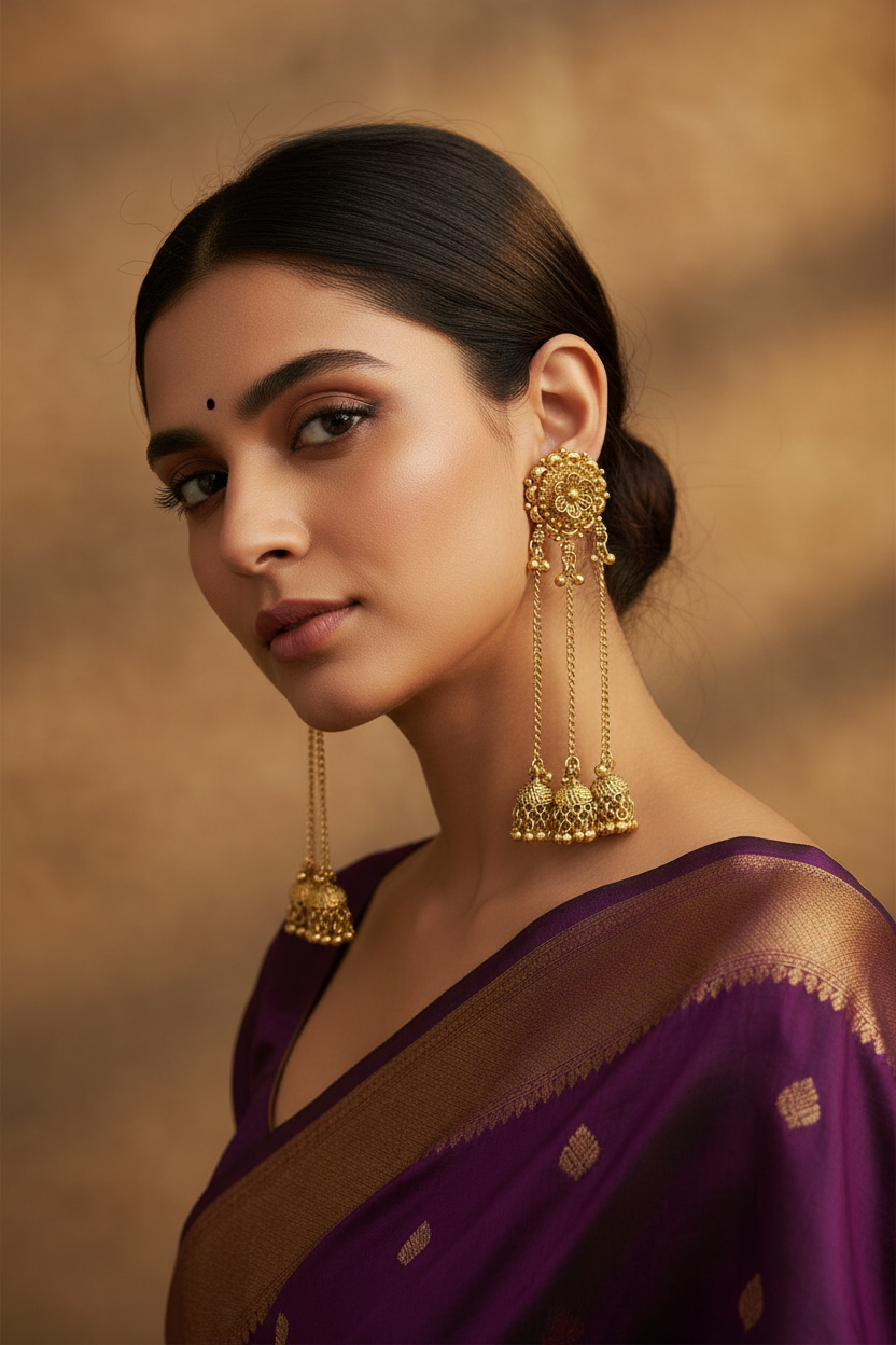 Woman wearing gold tone kashmiri long chain earrings and a purple saree against a warm brown background