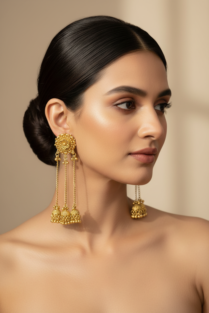 Woman wearing jhumkas with sahara chains antique gold plated earrings with a neutral background