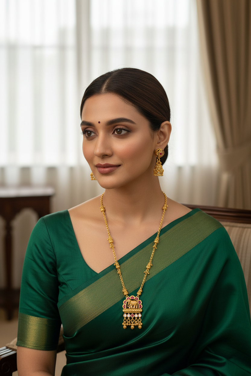 Elephant Motif Antique Pendant Set – Matte Gold Plating with Ruby & Kundan
