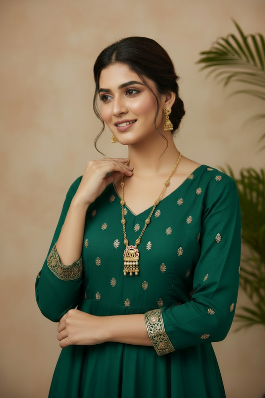 Elephant Motif Antique Pendant Set – Matte Gold Plating with Ruby & Kundan