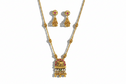 Elephant Motif Antique Pendant Set – Matte Gold Plating with Ruby & Kundan