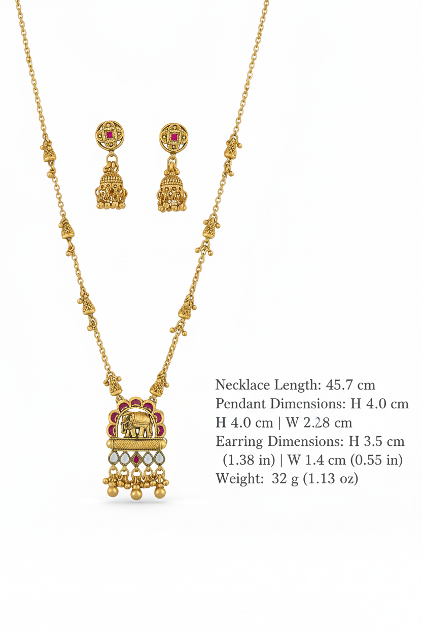 Elephant Motif Antique Pendant Set – Matte Gold Plating with Ruby & Kundan