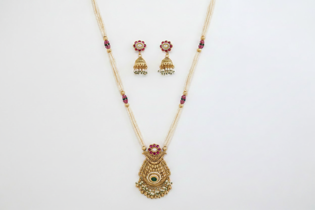 Antique Moti Pearl Pendant Set – Temple Carved Matte Gold with Ruby & Emerald