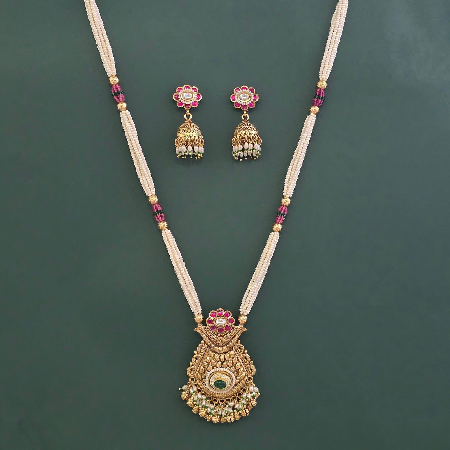 Antique Moti Pearl Pendant Set – Temple Carved Matte Gold with Ruby & Emerald