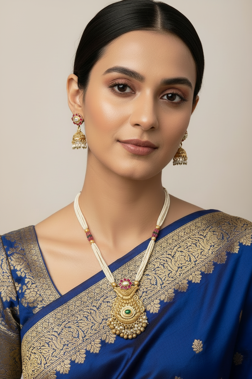Antique Moti Pearl Pendant Set – Temple Carved Matte Gold with Ruby & Emerald