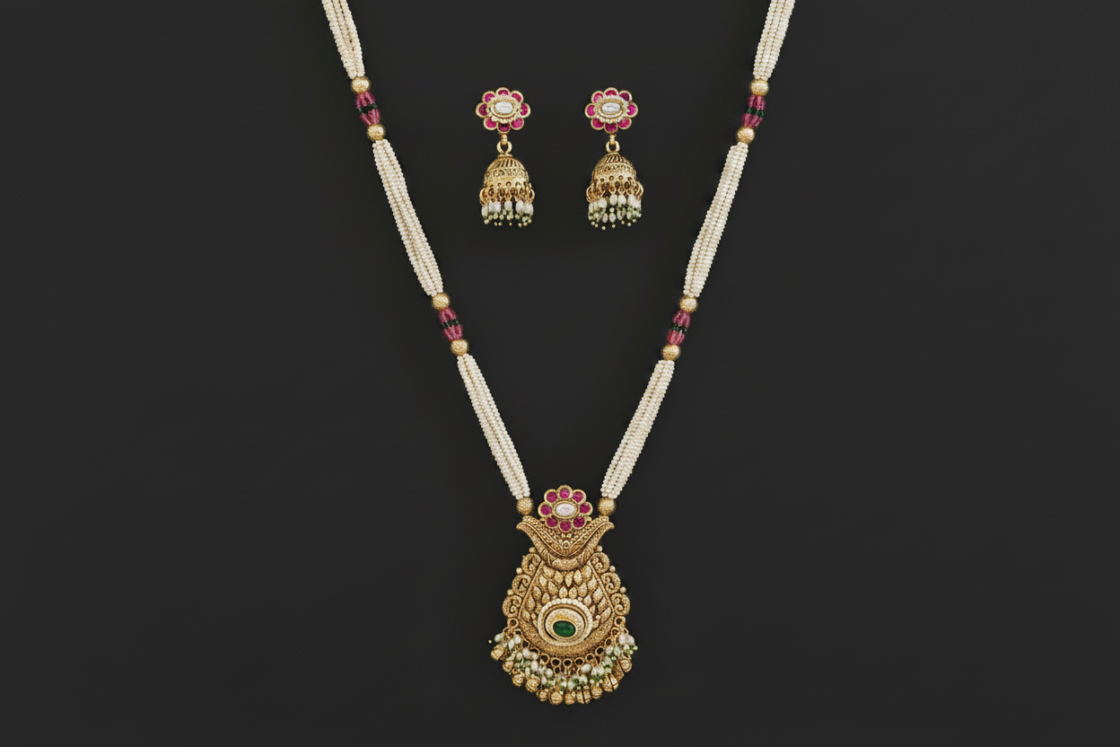 Antique Moti Pearl Pendant Set – Temple Carved Matte Gold with Ruby & Emerald