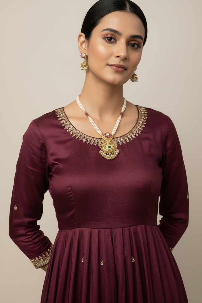 Woman wearing a maroon dress with antique gold plated pendant necklace set pearl beaded chain Indian jewelry against a beige background