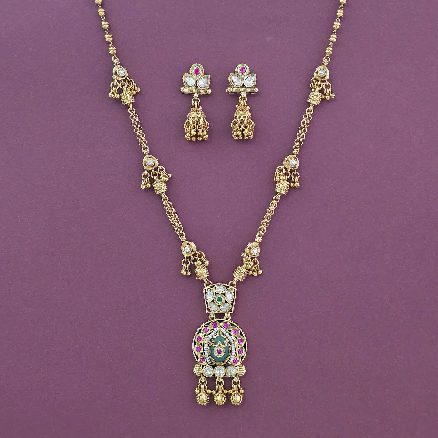 Antique Two-Tier Meenakari Pendant Set – Matte Gold with Ruby & Mint Green