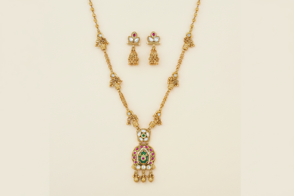 Antique Two-Tier Meenakari Pendant Set – Matte Gold with Ruby & Mint Green