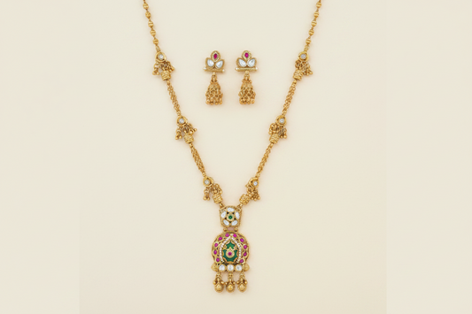 Antique Two-Tier Meenakari Pendant Set – Matte Gold with Ruby & Mint Green