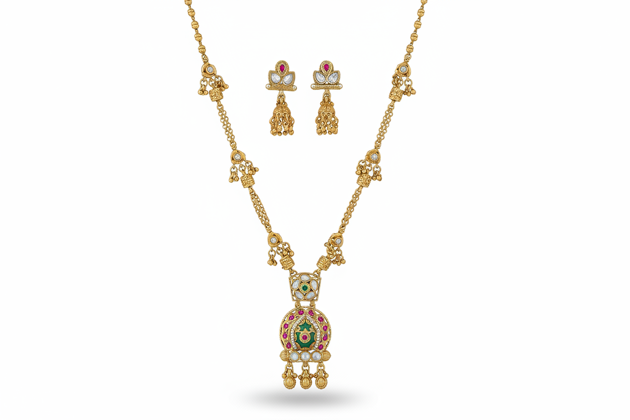 Antique Two-Tier Meenakari Pendant Set – Matte Gold with Ruby & Mint Green