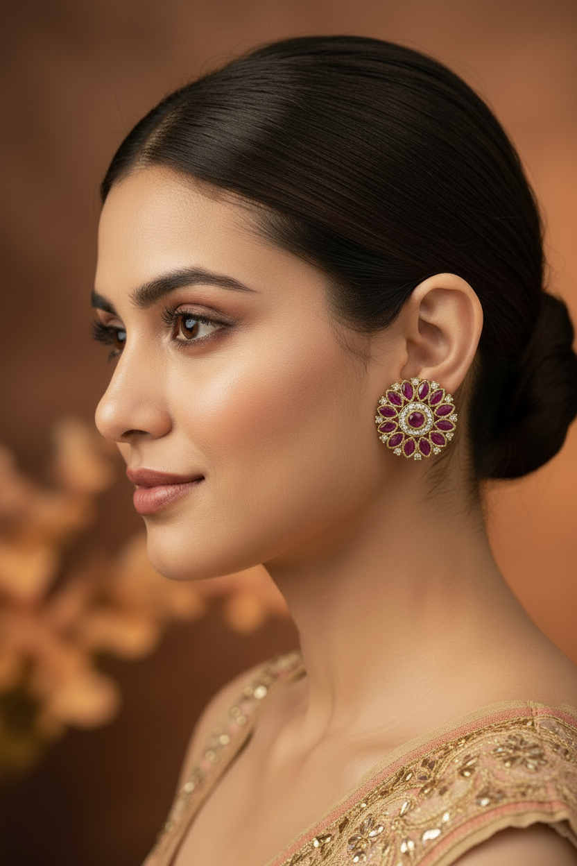 Antique Ruby Tops Earrings with Mehndi Plating Traditional Jewelry