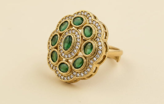 Antique Floral Cocktail Ring, Oval Color Stones, AD Halo, Mehndi Gold Plating