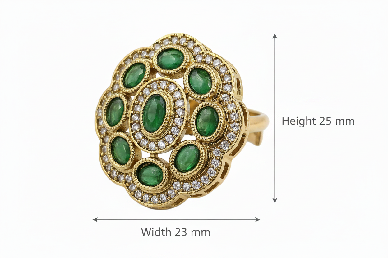 Antique Floral Cocktail Ring, Oval Color Stones, AD Halo, Mehndi Gold Plating