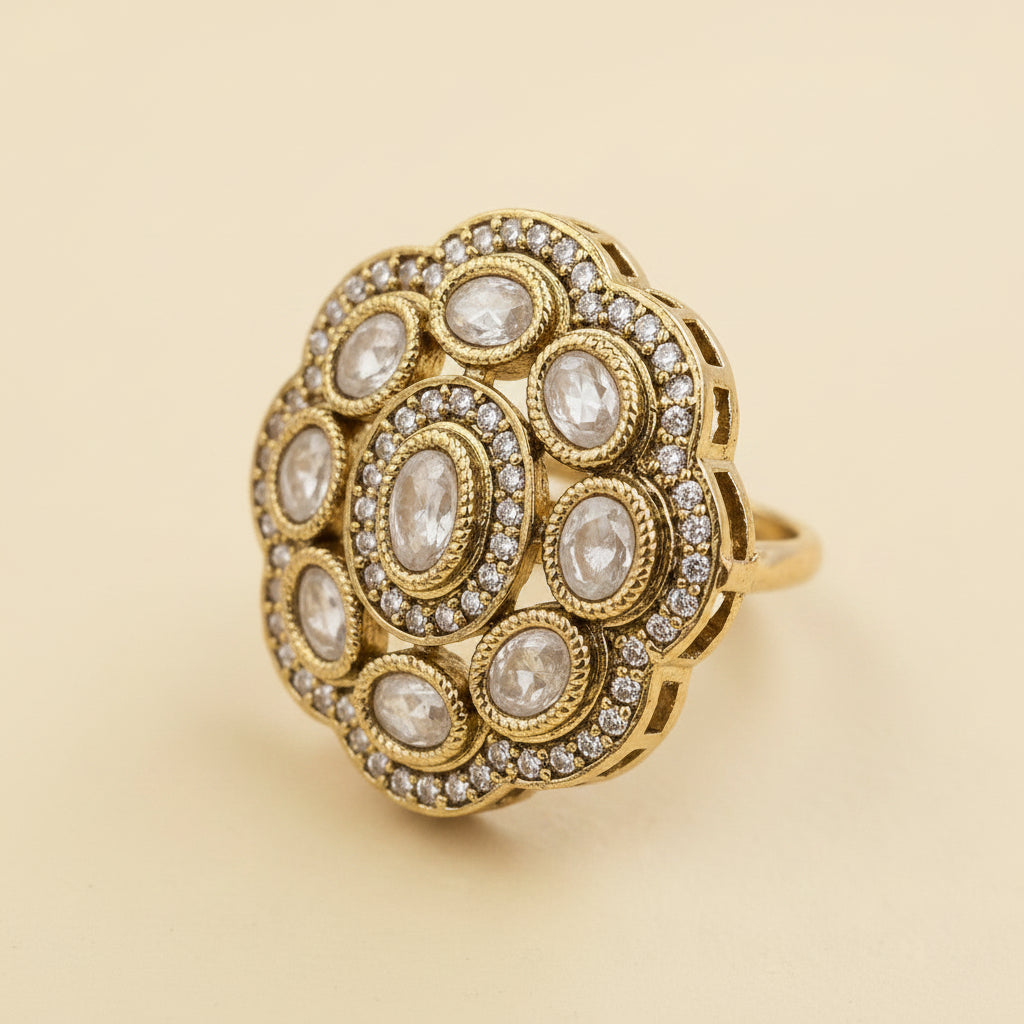 Antique Floral Cocktail Ring, Oval Color Stones, AD Halo, Mehndi Gold Plating