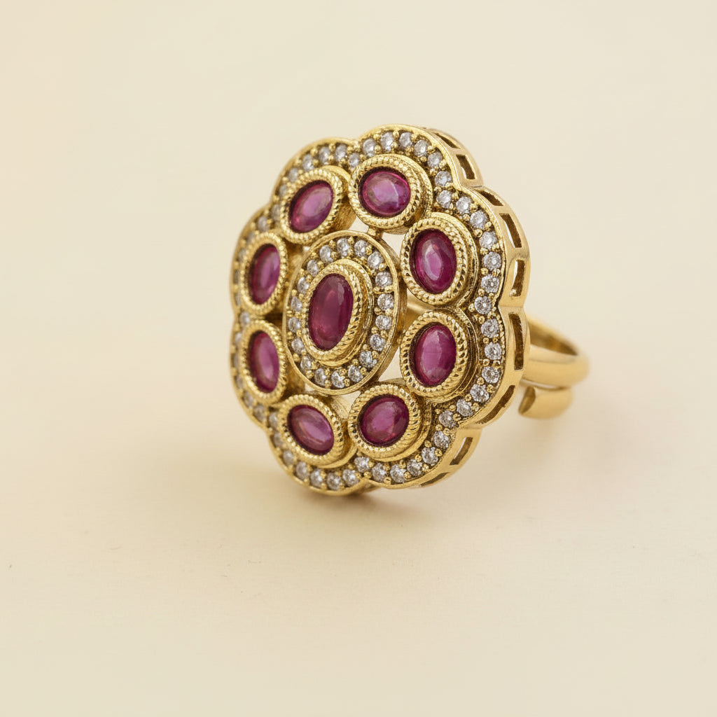 Antique Floral Cocktail Ring, Oval Color Stones, AD Halo, Mehndi Gold Plating