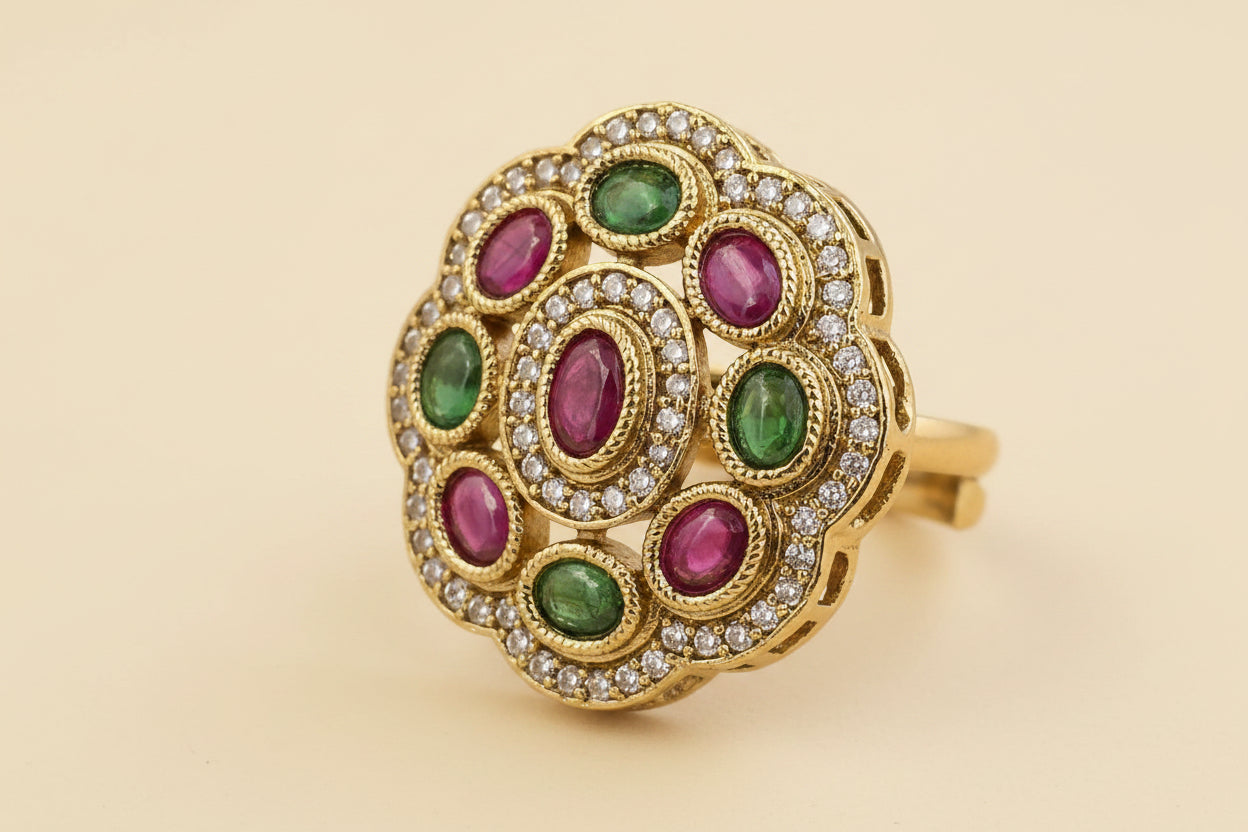 Antique Floral Cocktail Ring, Oval Color Stones, AD Halo, Mehndi Gold Plating