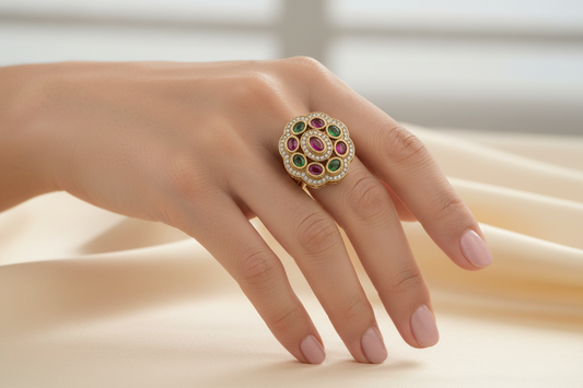 Antique Floral Cocktail Ring, Oval Color Stones, AD Halo, Mehndi Gold Plating