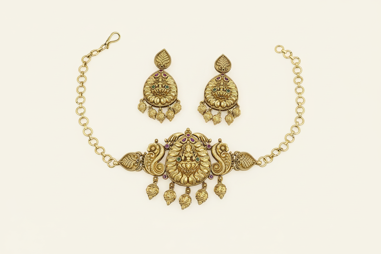 antique Gold plated traditional jewelry set with necklace and earrings on a light beige background