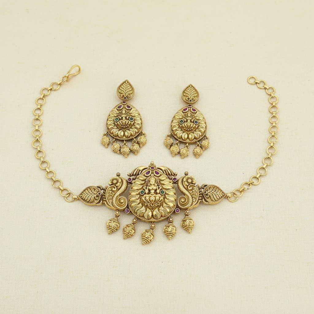 Gold necklace and earrings set on a beige background