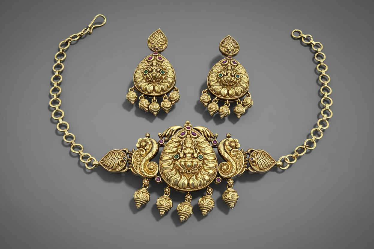 temple gold plated choker necklace and earrings set on a gray background