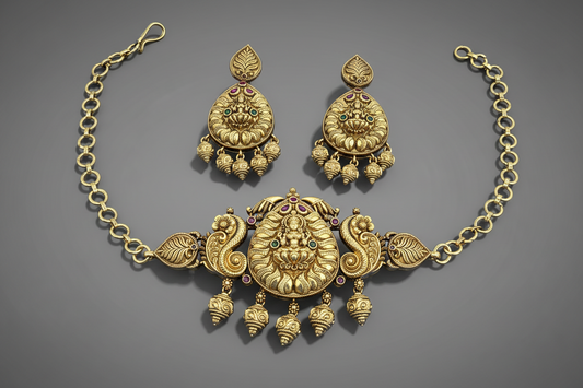temple gold plated choker necklace and earrings set on a gray background