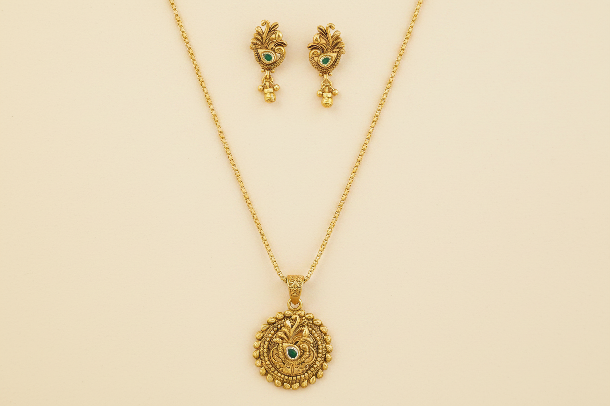 Antique Peacock Round Pendant Set Matte Gold Plating with Ruby and Green