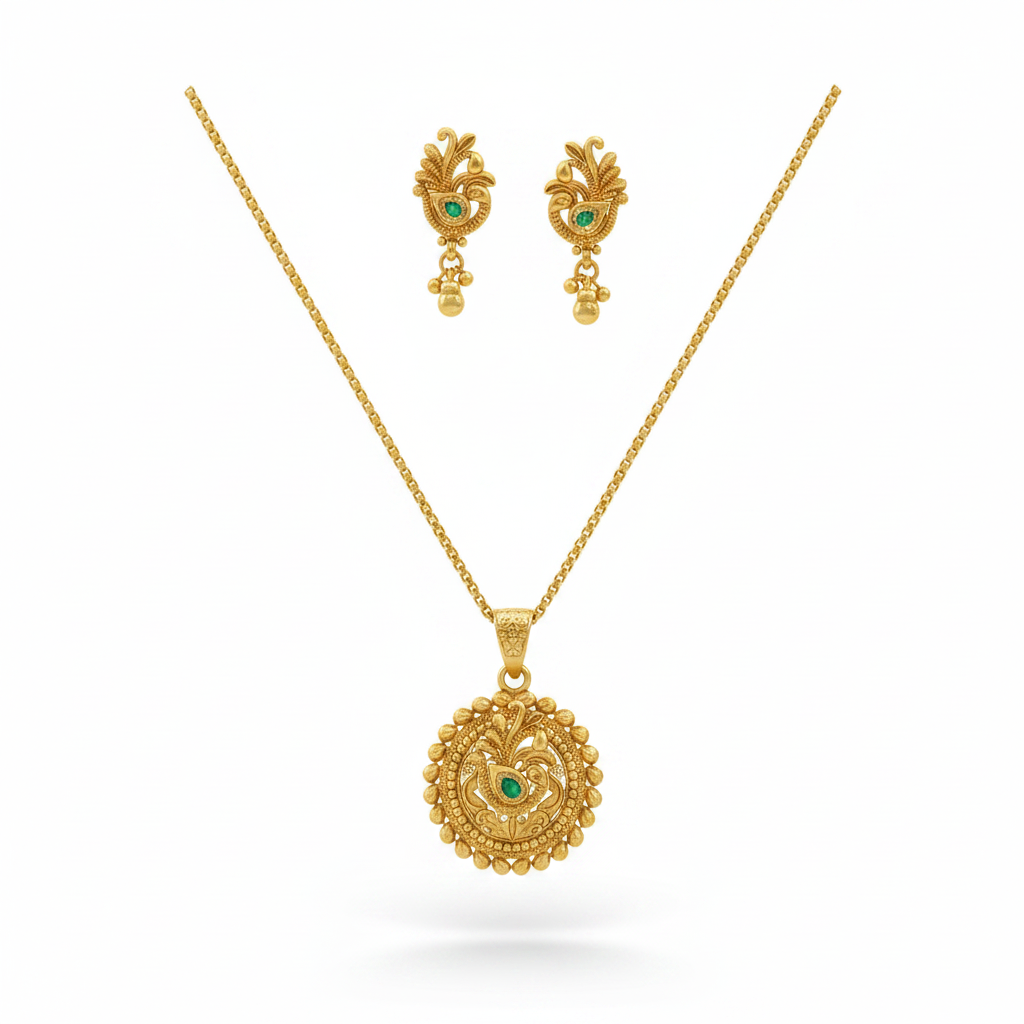 Antique Peacock Round Pendant Set Matte Gold Plating with Ruby and Green