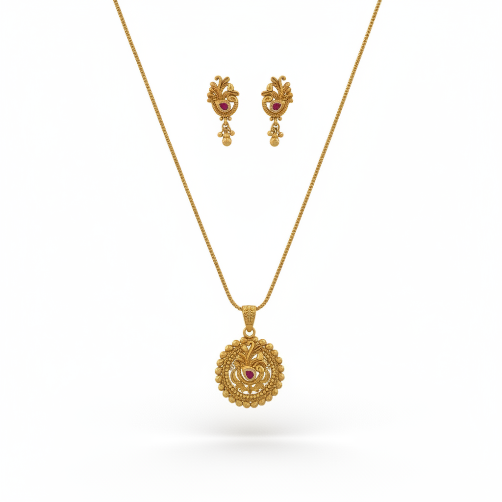 Antique Peacock Round Pendant Set Matte Gold Plating with Ruby and Green