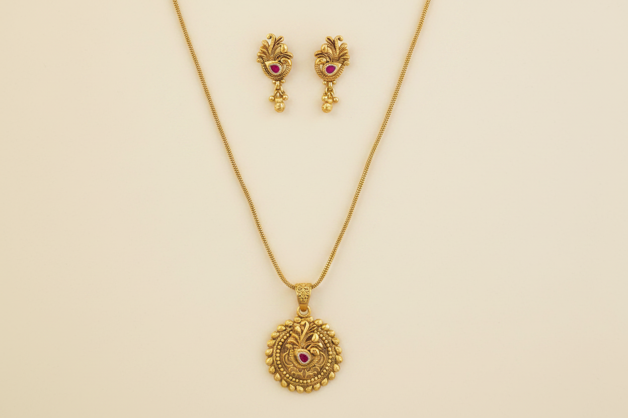 Antique Peacock Round Pendant Set Matte Gold Plating with Ruby and Green