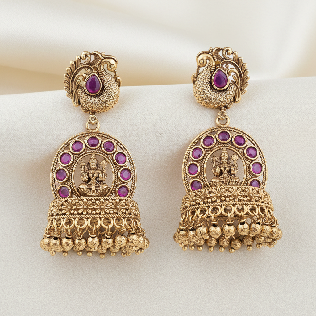 Antique Matte Gold Lakshmi Peacock Temple Jhumki Earrings Ruby Stones & Gold Ghungroo Drops