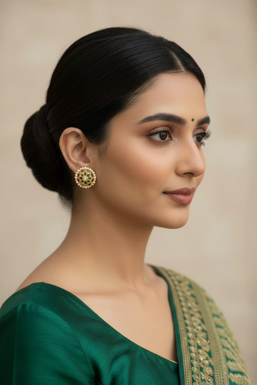 Woman wearing gold earrings and a green traditional outfit against a beige background