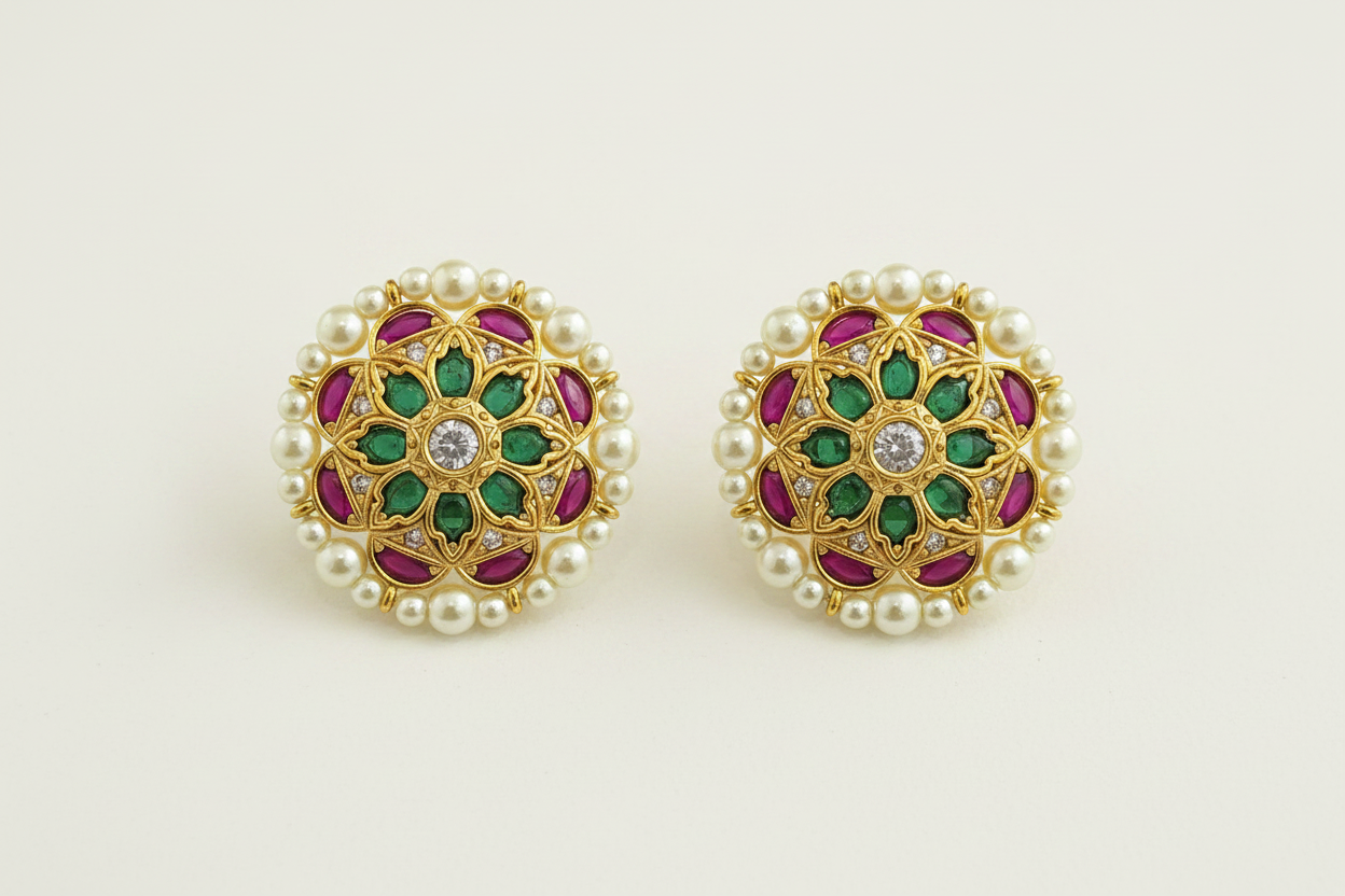 Pair of gold earrings with green and red gemstones on a white background