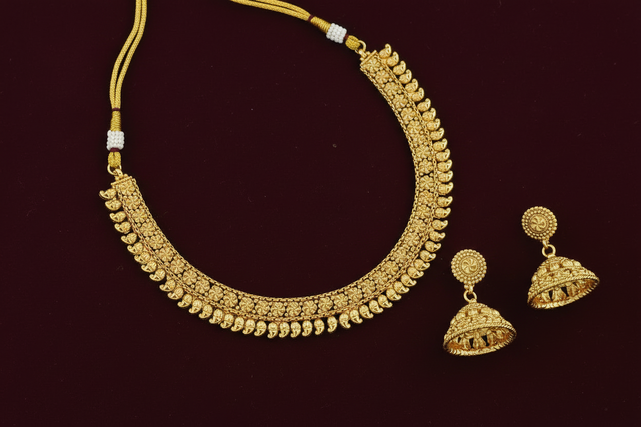Antique Plain Gold Necklace with Gold Plating | Traditional Temple Jewelry